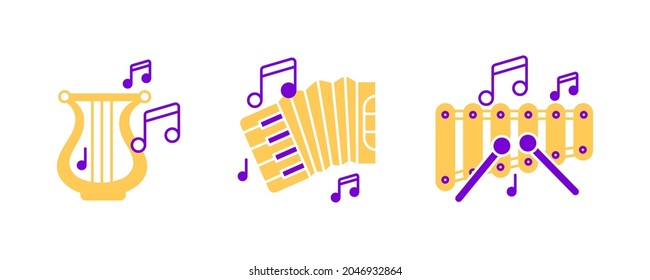 Accordion, Harp instrument, xylophone and musical notes icon set. Entertainment and music icon. String instruments set. Editable row set. Colored icon set.