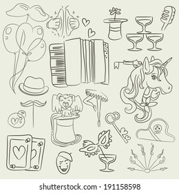 accordion, hat, mustache, dog hat, magician hat, unicorn, glasses, mime, balloons, mask