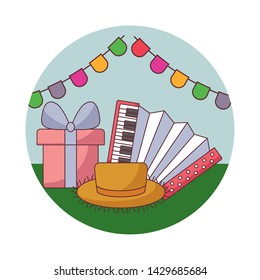 accordion with hat wicker and gift box in frame circular