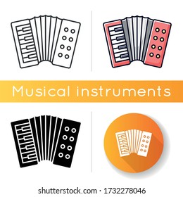 Accordion icon. Classical musical instrument to play folk. Live orchestra performance. Keyboard type instrument. Hobby, entertainment. Linear black and RGB color styles. Isolated vector illustrations