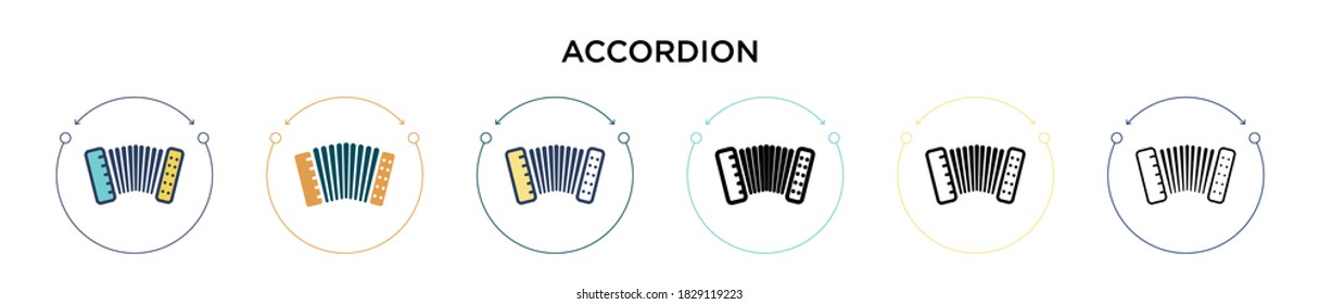 Accordion icon in filled, thin line, outline and stroke style. Vector illustration of two colored and black accordion vector icons designs can be used for mobile, ui, web