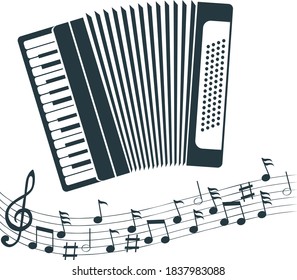 Accordion, accordion icon with musical notes and treble clef. Vector, cartoon illustration. Vector.