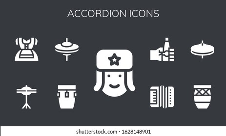 accordion icon set. 9 filled accordion icons. Included Russian, Conga, Cymbals, Dirndl, Accordion, Oktoberfest icons