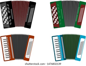 Accordion, accordion icon. Set of colored accordions isolated on white. Vector illustration, vector.