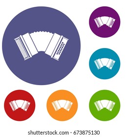 Accordion icons set in flat circle reb, blue and green color for web