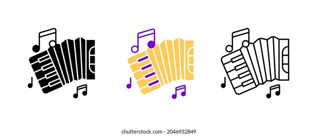 Juego de iconos de instrumentos de acordeón y notas musicales. Icono de entretenimiento y música. Instrumentos de cadena establecidos. Conjunto de filas modificable. Conjunto de iconos de silueta, coloreado y lineal.