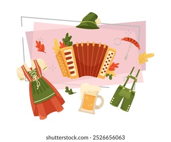 Accordion, lederhosen costumes, beer mug and sausage on fork vector illustration. Cartoon drawing for banner design. Leaves on abstract background. Oktoberfest, beer festival, autumn, Germany concept