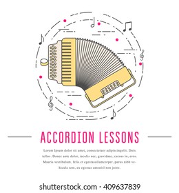 Accordion lessons business card or banner template. Vector illustration in modern line art style. Colorful music icon. Place for your text.