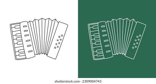 Accordion Linie Zeichnen Cartoon Stil. Zeichenklammer mit Tastatur-Instrumentenakkordeon im linearen Stil einzeln auf weißem und chalkartigem Hintergrund. Konzept der Musik-Instrumentenklammer, Vektordesign