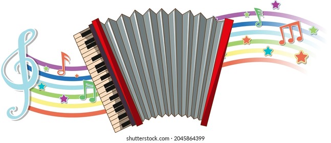 Accordion with melody symbols on rainbow wave illustration