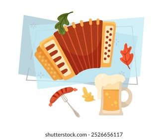 Accordion, mug of beer and sausage on fork vector illustration. Cartoon drawing for banner design. Autumn leaves on abstract background. Oktoberfest, beer festival, celebration, autumn, Germany concep