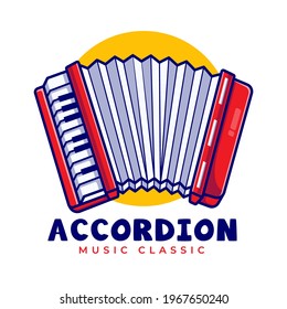 Accordion Music Mascot Cartoon Logo Template. Accordion Classic Editable Logo. Music and Hobby Concept Flat Cartoon Style