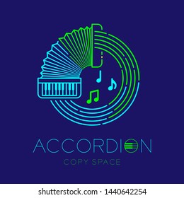 Accordion, music note with line staff circle shape logo icon outline stroke set dash line design illustration isolated on dark blue background with keyboard text and copy space