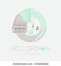 Accordion, music note with line staff circle shape logo icon outline stroke set dash line design illustration isolated on grey background with keyboard text and copy space