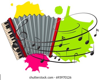 Accordion with music notes in background illustration