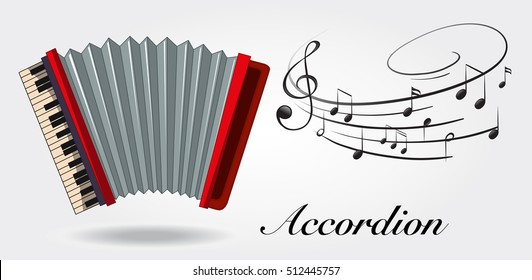 Accordion and music notes on white background illustration