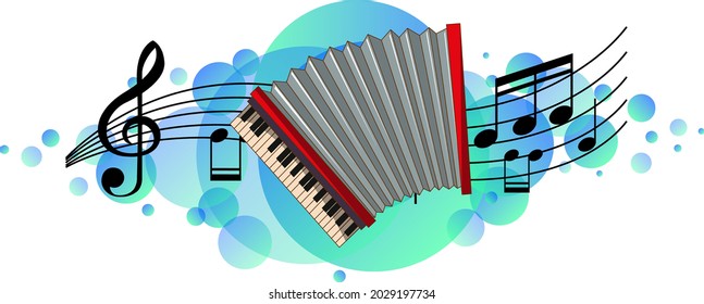 Accordion musical instrument with melody symbols on sky blue splotch illustration