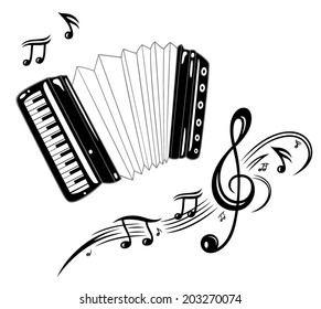 Accordion, musical instrument with music notes