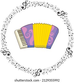 A accordion with musical notes on white background illustration