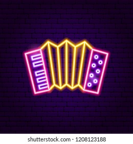 Accordion Neon Sign. Vector Illustration of Music Promotion.