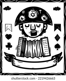 Accordion player and assorted symbols in woodcut.