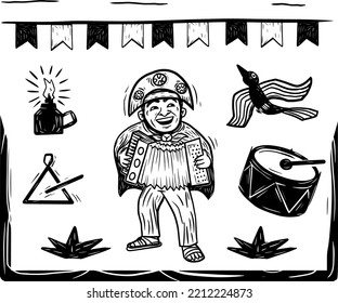 Accordion player and elements of northeastern Brazilian culture. separate icons