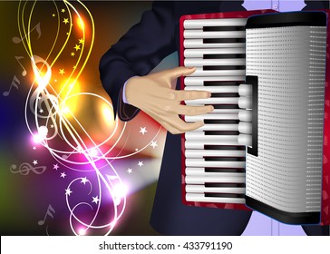 Accordion player on the music background. Abstract music notes. Man playing accordion. Vector Illustration