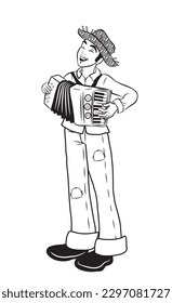Accordion player playing at the Brazilian Festa Junina. Black and White. Vector illustration isolated on white background.