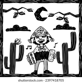 Accordion player playing instrument in a rural setting. Separate vectors in woodcut style