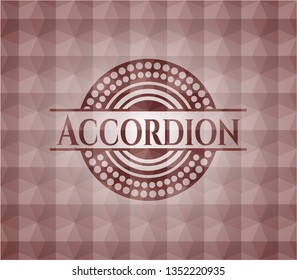 Accordion red seamless emblem or badge with abstract geometric polygonal pattern background.