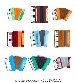 Conjunto de acordeón de dibujos animados. Squeezebox Polka, folk bandoneon, Reeds Keys Signo de acordeón. símbolo aislado Ilustración vectorial