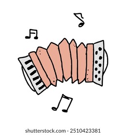 accordion and sheet music. Musical Instrument. doodle sticker. Hand drawn vector art style. Naive childish art