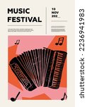 Accordion, squeezebox, squeeze box, squeeze-box, bayan. Music festival poster. Reed musical instruments. Competition. A set of vector illustrations. Minimalistic design. Banner, flyer, cover, print.