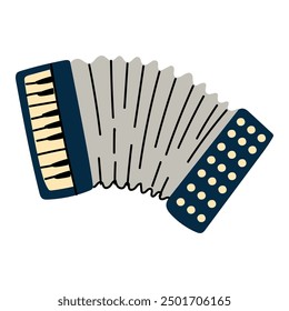 Accordion is stretched with the keys. A wind reed musical instrument with a keyboard-pneumatic mechanism. A flat vector illustration highlighted on a white background. The stretch movement