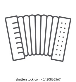 Accordion thin line icon, music and keyboard, national instrument sign, vector graphics, a linear pattern on a white background, eps 10.