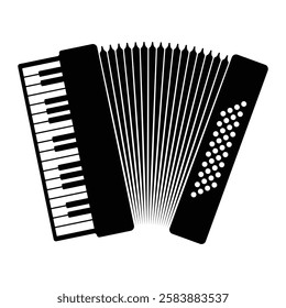 Accordion vector icon. Musical instrument with keys and buttons. Black silhouette isolated on white background.