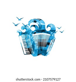 Accordion with waves and seagulls isolated for live concert events, jazz music festivals and shows, party flyers. Musical promotional poster with harmonica, inspirational music vector illustration