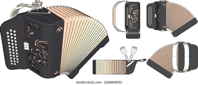 accordion wind musical instrument illustration with side, top and bottom views