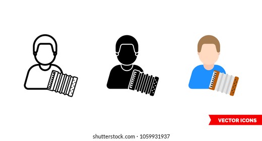 Accordionist icon of 3 types: color, black and white, outline. Isolated vector sign symbol.