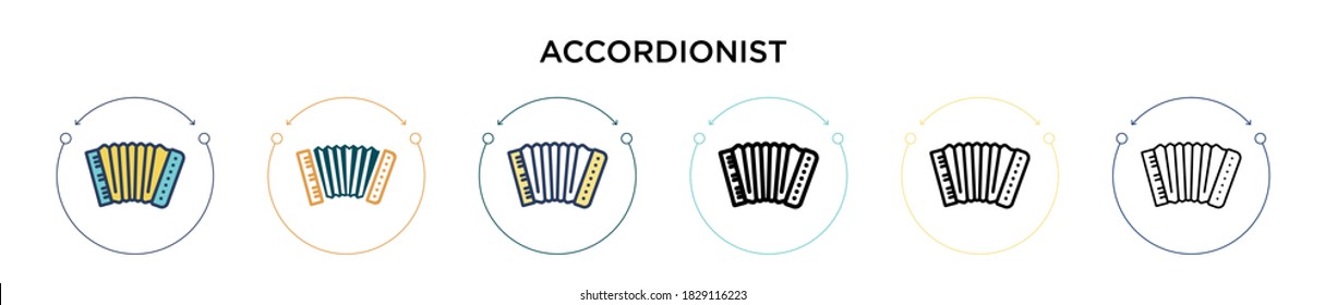 Accordionist icon in filled, thin line, outline and stroke style. Vector illustration of two colored and black accordionist vector icons designs can be used for mobile, ui, web