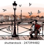 Accordionist playing on Pont des arts in Paris - vector illustration