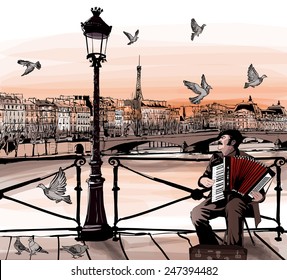 Accordionist playing on Pont des arts in Paris - vector illustration