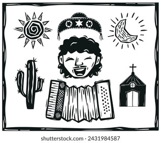 accordionist and set of Cordel icons from northeastern Brazil. Woodcut illustration