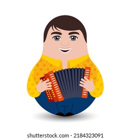 Accordionist. A young man in a yellow shirt plays the button accordion. Designer tilting toy. Modern kawaii dolls for your business project. Flat vector.