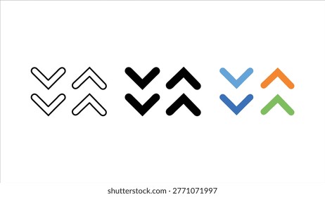 Accordions expand and collapse arrow icon set in outline, solid black, and colorful design styles isolated on white background