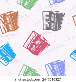 Accordions and musical notes. Seamless pattern. Abstract vector background with a musical theme for textiles, interiors, cotton fabric, wrapping paper