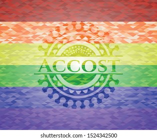 Accost emblem on mosaic background with the colors of the LGBT flag