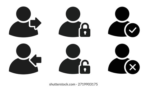 Conjunto de iconos de acceso a Cuentas en estilo de silueta que muestra el Inicio de sesión, cierre de sesión, usuario bloqueado y desbloqueado, permiso concedido, Elementos de acceso denegado, símbolos de interfaz de usuario de perfil para App, paneles de administración y paneles SaaS