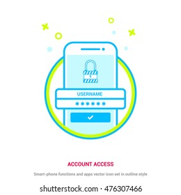 Account access. Mobile App development. Smart-phone functions  and apps vector icon set in outline style and flat style. Phone with Security Password Lock System. Sign up. Password. Log in.