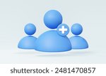 Account add user people 3D icon and plus, create friend group personal or public group, online new member profile name, human avatar social media, cartoon style, Eps 10 vector. illustration. elements